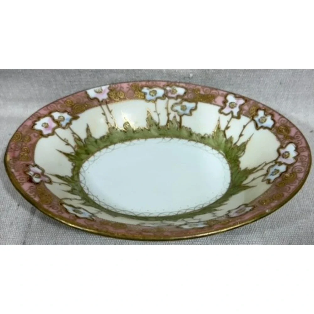 Antique Art Nouveau Hand Painted Floral Porcelain Oval Bowl Gold Moriage 1900s